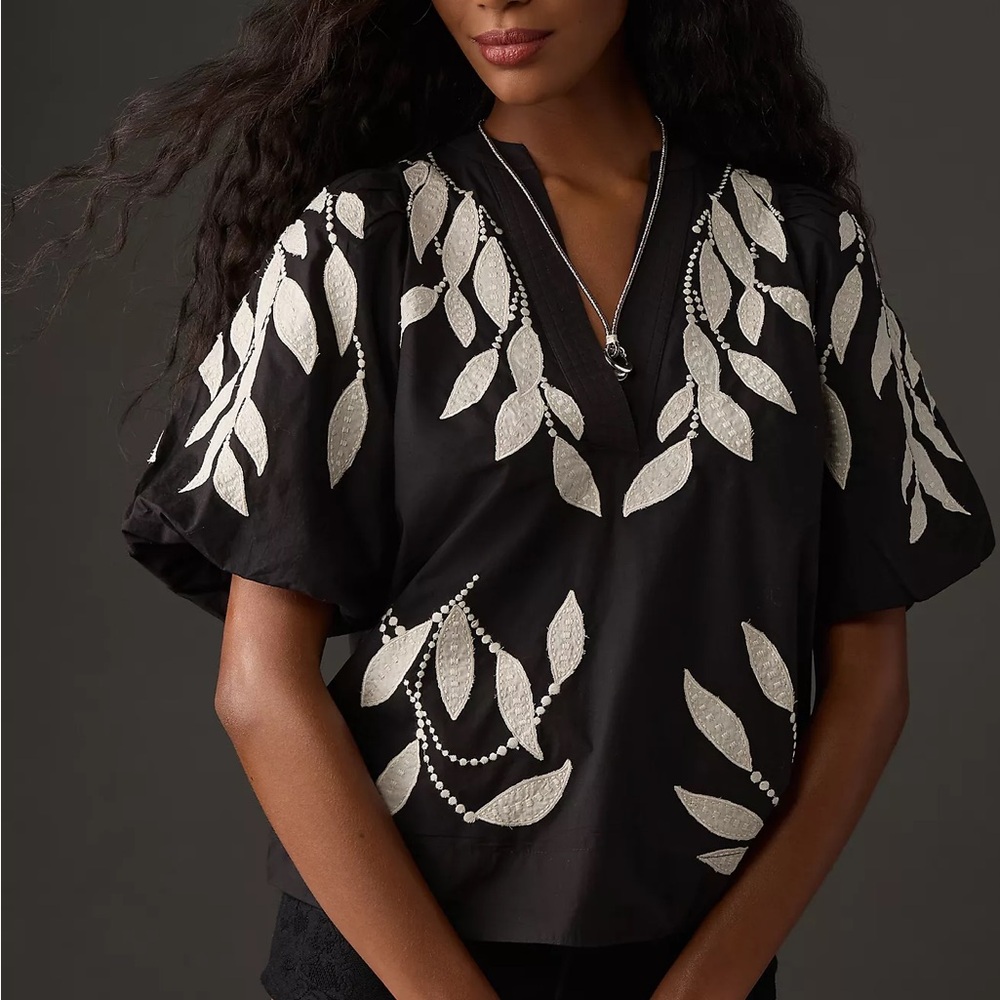 Anthropologie Black Blouse with White Embroidery